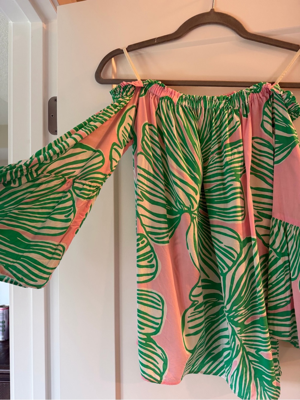 Lilly Pulitzer Pink and Green Off-Shoulder Tropical Blouse